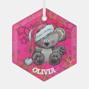 Cute personalised name Christmas Teddy bear pink Glass Ornament