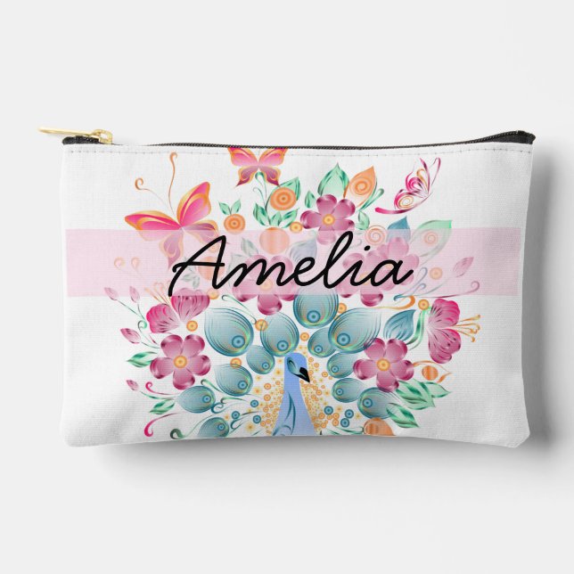 Cute Personalised Peacock Floral Accessory Pouch (Front)