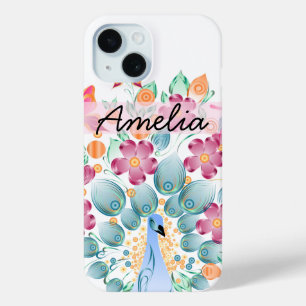 Cute Personalised Peacock Floral iPhone 15 Case