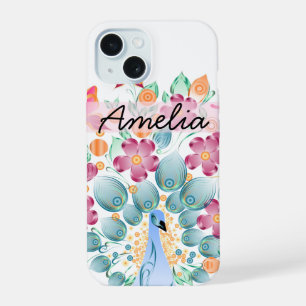 Cute Personalised Peacock Floral iPhone 15 Case