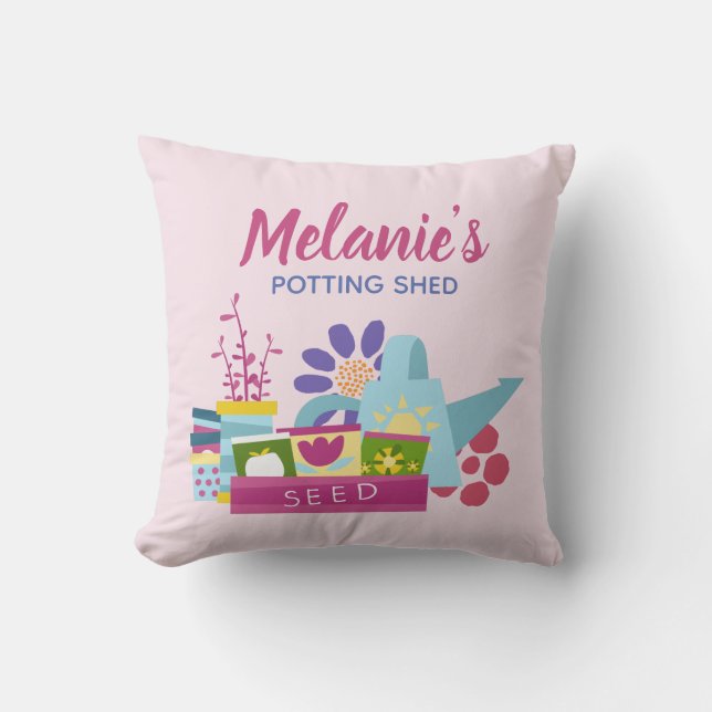 Cute Personalised Pink Gardening Potting Shed Outdoor Pillow (Front)