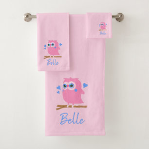 Cute Personalised Pink Owl Bathroom Towel Set