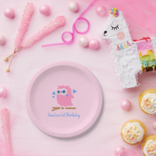 Cute Personalised Pink Owl Paper Plates