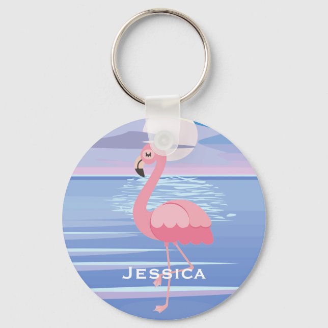 Cute Personalised Tropical Island Flamingo Keychain (Front)