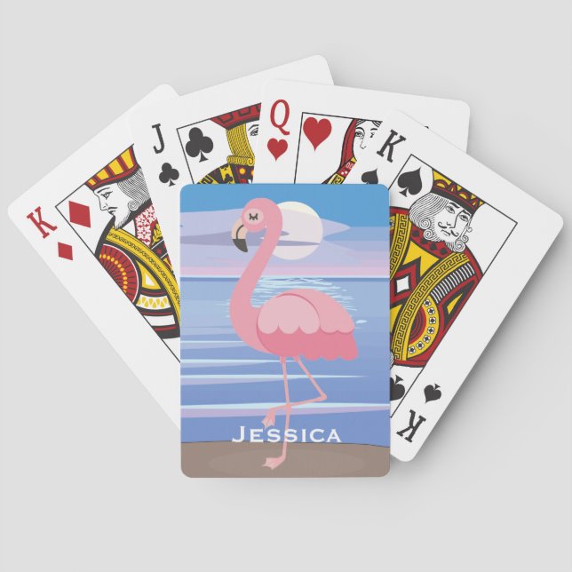 Cute Personalised Tropical Island Flamingo Playing Cards (Back)