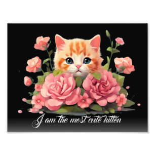 Cute Personalised White Kitten Cat in Flower Black Photo Print