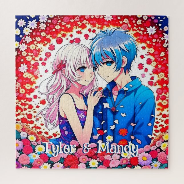 Cute Personalized Anime Couple's Names Jigsaw Puzzle (Vertical)