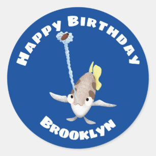 Cute personalized Archerfish cartoon birthday Classic Round Sticker