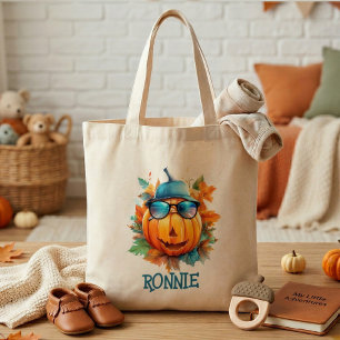 Cute Personalized Autumn Pumpkin Kids Tote Bag