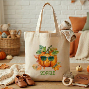 Cute Personalized Autumn Pumpkin Kids Tote Bag