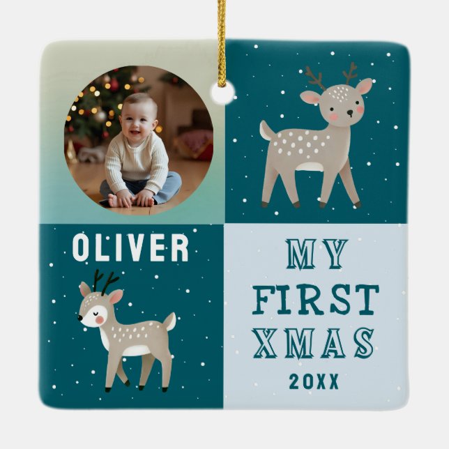 Cute Personalized Baby Photo Reindeer Christmas Ceramic Ornament (Back)