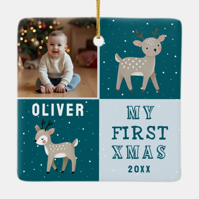 Cute Personalized Baby Photo Reindeer Christmas Ceramic Ornament (Back)