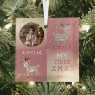 Cute Personalized Baby Photo Reindeer Christmas Glass Ornament