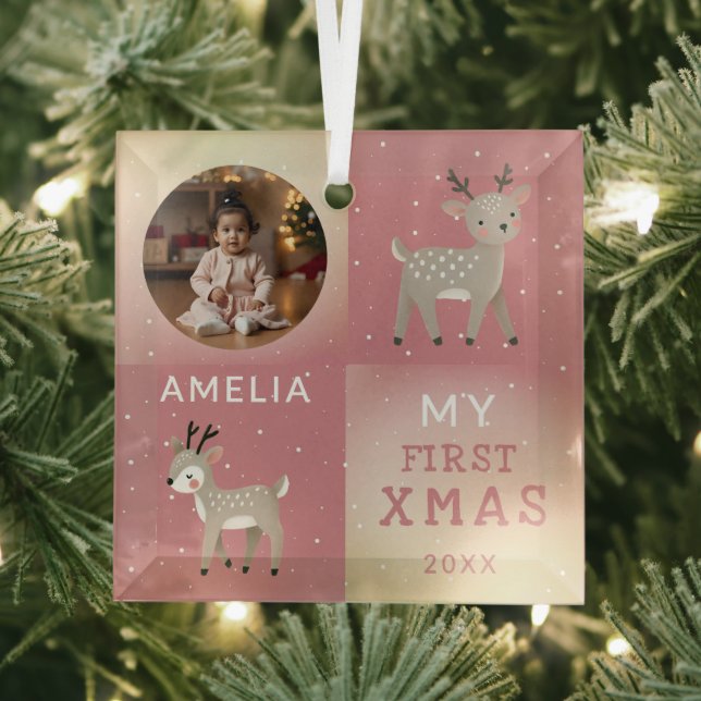 Cute Personalized Baby Photo Reindeer Christmas Glass Ornament (Insitu)