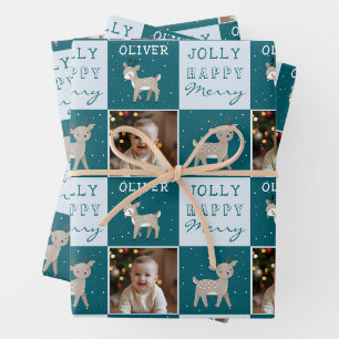 Cute Personalized Baby Photo Reindeer Christmas Wrapping Paper Sheet