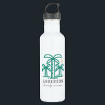 Cute Personalized Beach Family Reunion 710 Ml Water Bottle<br><div class="desc">Commemorate your family or reunion with these unique custom stainless steel water bottle. This design features teal palm trees and a yellow sun perfect for the beach themed trip. Personalize with your family last name and the year of the family reunion. Happy fun in the sun! The background colour can...</div>