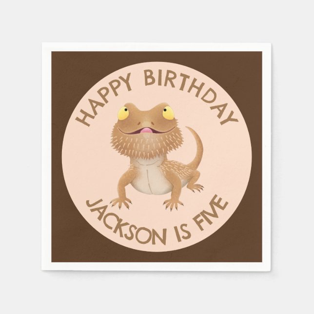 Cute personalized bearded dragon lizard birthday napkin (Front)