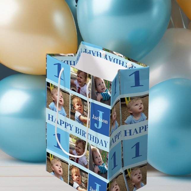 Cute Personalized Birthday Boys Photo Collage Blue Medium Gift Bag (Creator Uploaded)