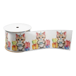 Cute Personalized Birthday Cats Satin Ribbon