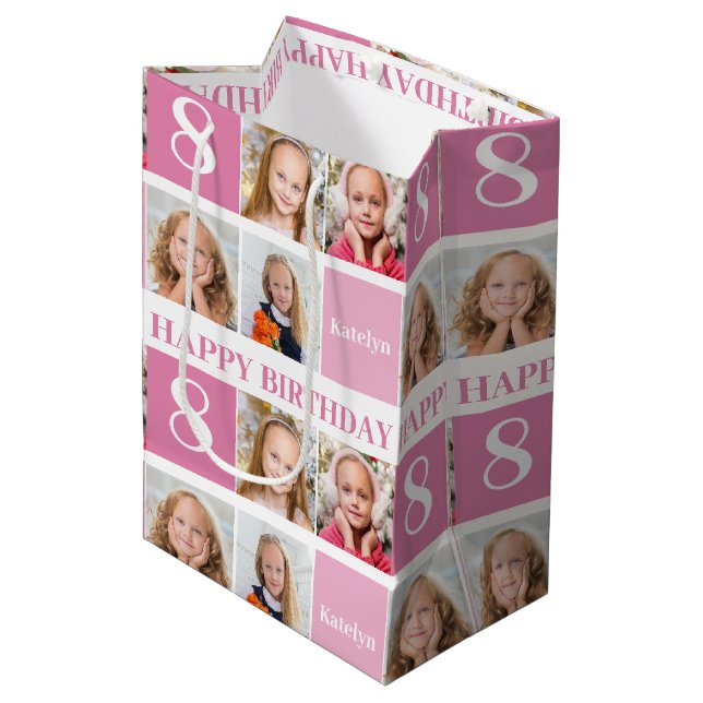 Cute Personalized Birthday Girl Photo Collage Pink Medium Gift Bag (Front Angled)