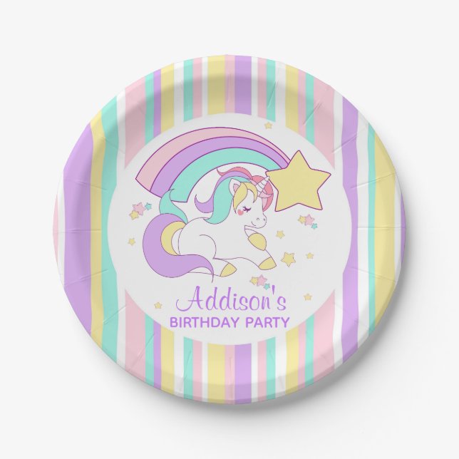 Cute Personalized Birthday Magical Rainbow Unicorn Paper Plate (Front)