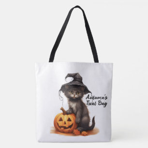 Cute Personalized Black Cat and Pumpkin Tote Bag