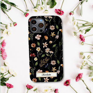 Cute Personalized Black Floral Wildflower iPhone 15 Case