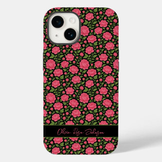 Cute Personalized Black Girly Floral Pink Peonies Case-Mate iPhone 14 Case
