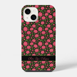 Cute Personalized Black Girly Floral Pink Peonies iPhone 14 Case