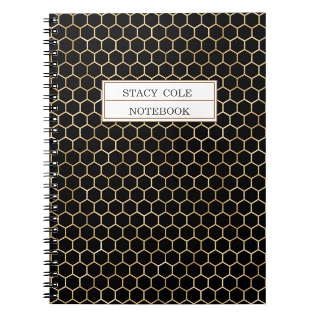 Cute Personalized Black Gold Honeycomb Bee Pattern Notebook (Front)