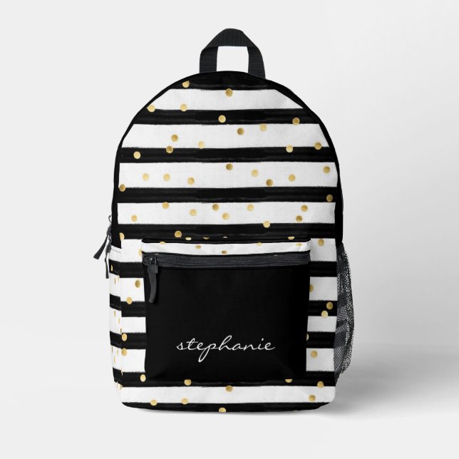 Cute Personalized Black Stripe and Gold Confetti Printed Backpack (Front)
