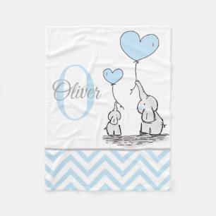 Cute Personalized Blue Grey Elephant Chevron Baby Fleece Blanket