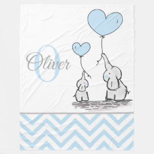 Cute Personalized Blue Grey Elephant Chevron Baby Fleece Blanket
