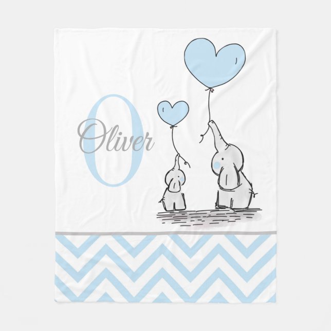 Cute Personalized Blue Grey Elephant Chevron Baby Fleece Blanket (Front)