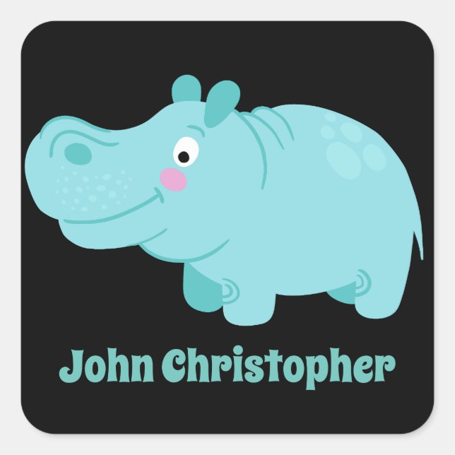 Cute Personalized Blue Hippo Sticker Kids Labels  (Front)