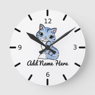 Cute Personalized Blue Kitten Large Clock