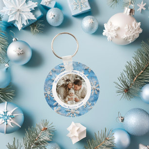 Cute Personalized Blue Snowflake Christmas Keychain
