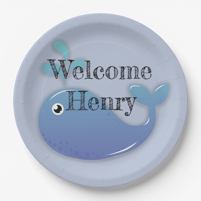 Cute Personalized Blue Whale Baby Shower Paper Plate (Front)