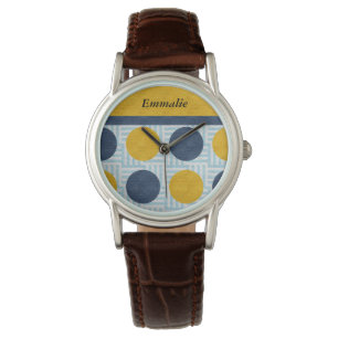 Cute Personalized Blue Yellow Polka Dot Watch