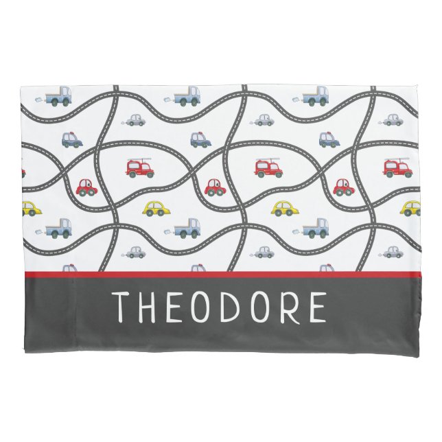 Cute Personalized Boy Name Kids Bedroom Car Pillowcase (Front)