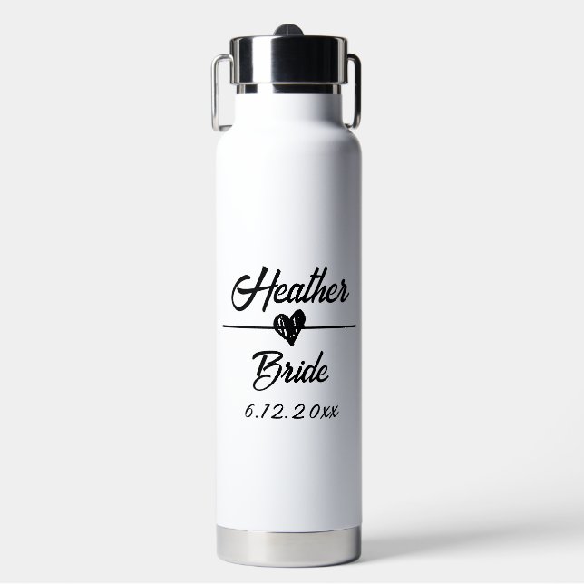 Cute Personalized Bride Black and White Water Bottle (Front)