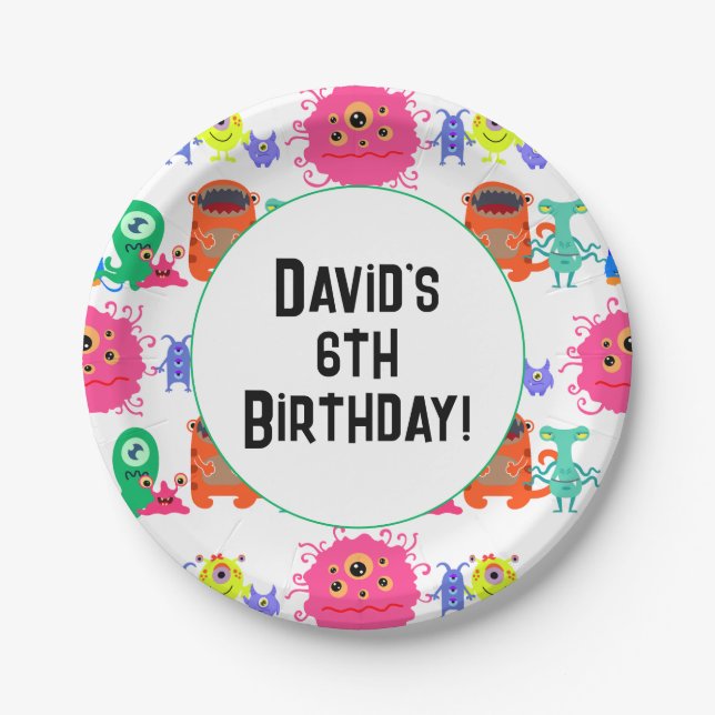 Cute Personalized Brightly Coloured Monster Paper Plate (Front)