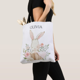 Cute Personalized Bunny Rabbit in Basket Tote Bag