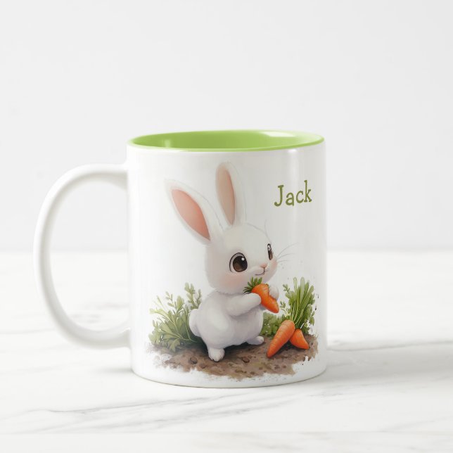 Cute Personalized Bunny with Carrot Two-Tone Coffee Mug (Left)
