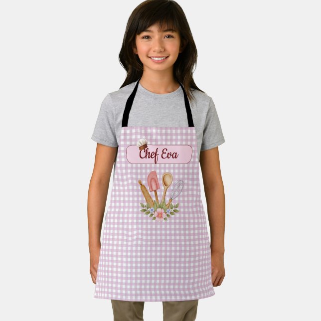 Cute Personalized Chef Cooking Baking Pink Gingham Apron (Insitu)