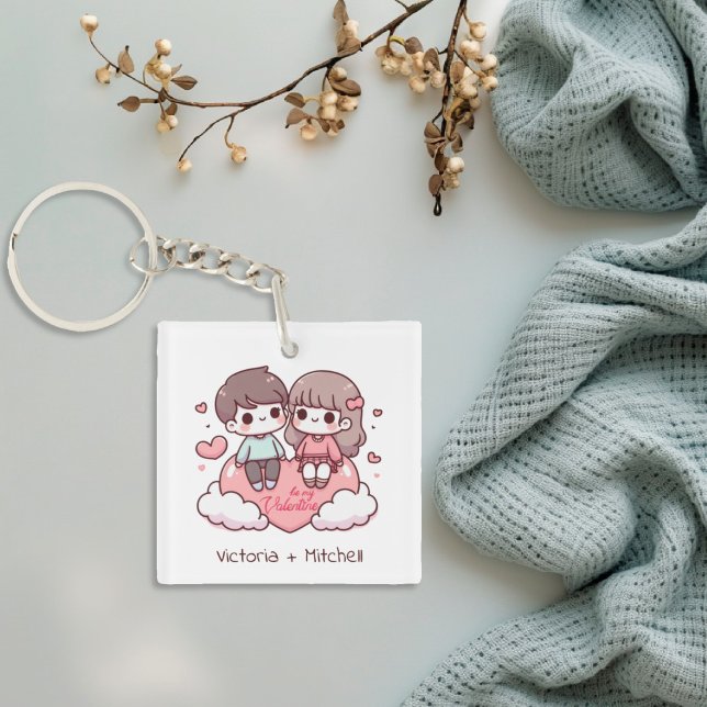 Cute Personalized Chibi-Style Be Mine Couple  Keychain (Cute Personalized Chibi-Style Be Mine Couple Keychain)