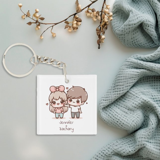 Cute Personalized Chibi-Style Flirting Couple  Keychain (Cute Personalized Chibi-Style Flirting Couple Keychain
)