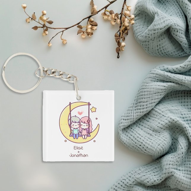 Cute Personalized Chibi-Style Moon Swing Couple  Keychain (Cute Personalized Chibi-Style Moon Swing Couple Keychain)