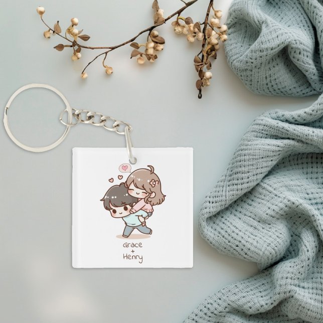 Cute Personalized Chibi-Style Playful Couple  Keychain (Cute Personalized Chibi-Style Playful Couple Keychain)