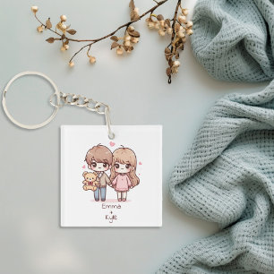 Cute Personalized Chibi-Style Teddy Bear Couple  Keychain